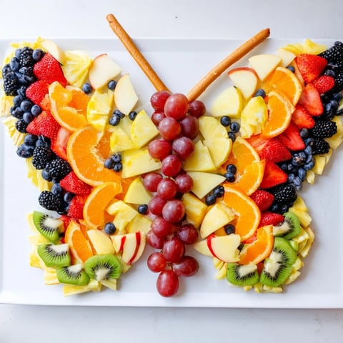 A colorful Monarch Magic Fruit Butterfly Tray, bursting with fresh berries and citrus fruits, ready to eat.