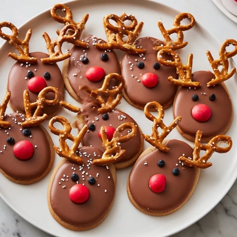 A platter of festive Santa's Reindeer Cookies, adorned with pretzels "antlers" and red noses.