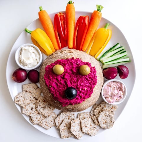 Autumn Hedgehog Dip Platter featuring colorful vegetable "spines" and savory dips for a festive appetizer.