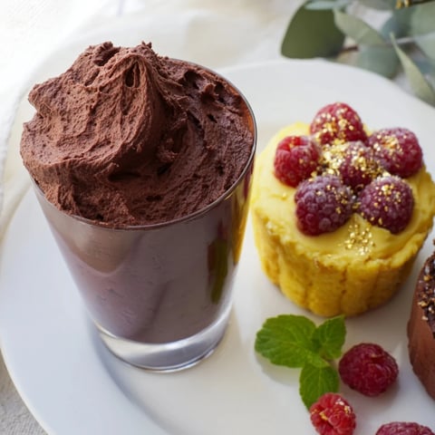 A beautifully arranged Assiette de Desserts Starry Delight featuring chocolate mousse and raspberry financiers.