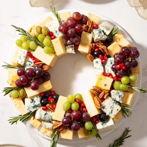 Festive Holiday Wreath Cheese Ring displays an array of cheeses and fruits, ready to serve at a holiday party.