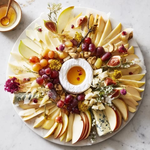 Beautiful Star of Bethlehem Cheese Platter, showcasing creamy cheeses, fresh fruits, and crunchy almonds.