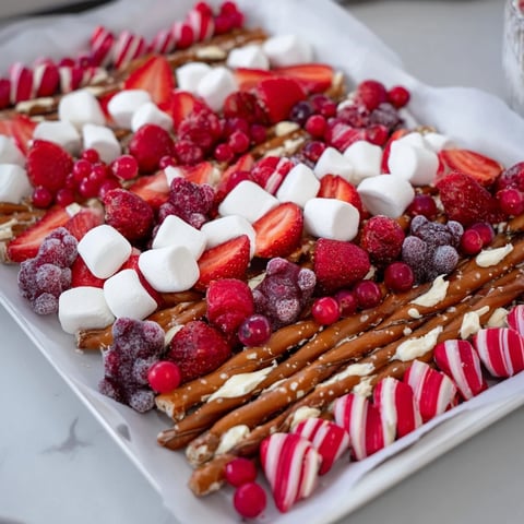 Close-up of the vibrant Sweet Board: Red and White Candy Stripe Treat, perfect for sharing and holiday celebrations.