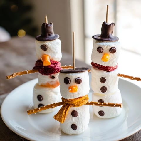 Marshmallow Snowman Stick Arrangement: Sweet, melted chocolate details bring these adorable snowmen to life, perfect holiday treats.