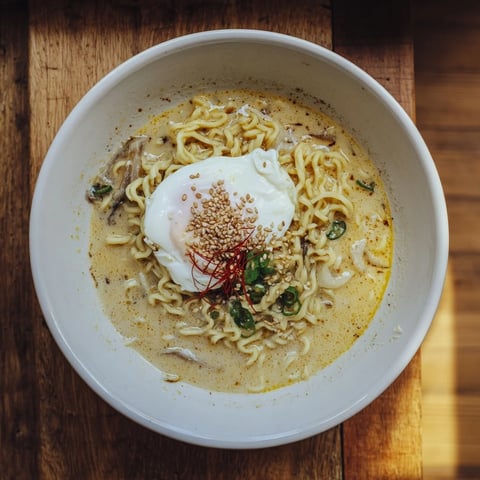 Steaming bowl of Instant Cheese Ramen, topped with a soft egg and fresh green onions.