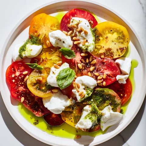 Heirloom Tomato Salad Board with vibrant tomatoes, creamy burrata, and basil oil ready to serve.