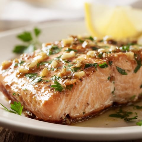Golden-brown Honey Garlic Glazed Salmon, glistening with a sweet, savory glaze, ready to serve.
