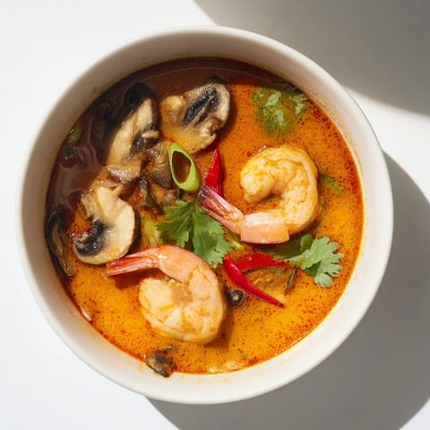 A bowl of Thai Coconut Shrimp Soup with tender shrimp and mushrooms in a creamy red curry broth, garnished with cilantro and lime.  