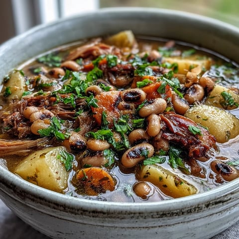 A bowl of hearty Black-Eyed Pea Stew with Smoked Ham Hocks, featuring tender peas, carrots, and shredded meat in a rich, savory broth.