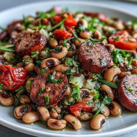 A plated serving of Hoppin John Style Black-Eyed Pea Salad with turkey sausage and a glossy mustard tarragon dressing.