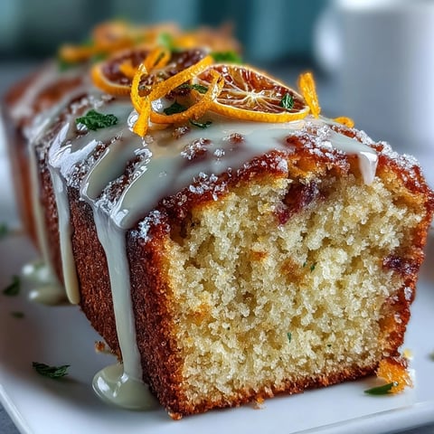 A slice of Heavenly Blood Orange Yogurt Cake showcases a moist crumb and glossy, vibrant citrus icing.