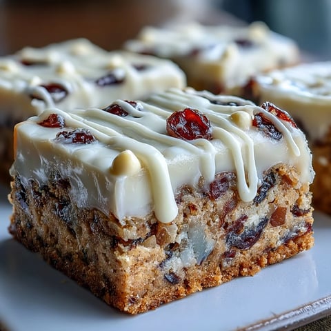 Freshly baked Cranberry Bliss Bars with creamy orange frosting and white chocolate drizzle, arranged on a cooling rack.
