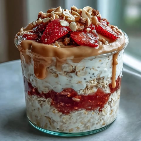 Overnight jar of High-Protein Peanut Butter & Jelly Overnight Oats, layered with creamy oats, peanut butter, and vibrant strawberry jam.