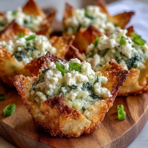 Golden, crispy Crispy Spinach Feta Wonton Cups fresh from the oven, filled with creamy feta and wilted spinach.