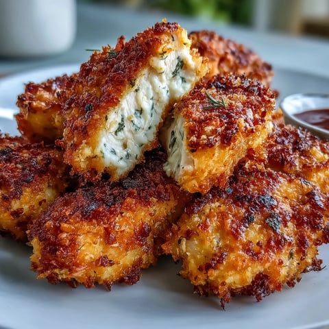 Golden brown Asiago Panko Chicken Bites fresh from the oven, served on a rustic wooden board.