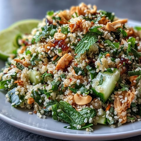 A plated bowl of Asian Sesame Chicken Couscous Salad, showcasing tender pearl couscous, juicy shredded chicken, crisp cucumbers, and fresh herbs tossed in a savory sesame-soy dressing with lime wedges for a bright finish.