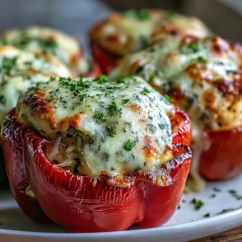 Golden-brown bell peppers stuffed with creamy garlic Parmesan chicken and rice filling, baked with melted mozzarella.