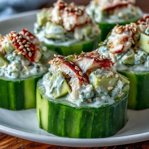 Creamy California Roll Cucumber Salad with diced crab and avocado, garnished with sesame seeds, served in a white bowl.