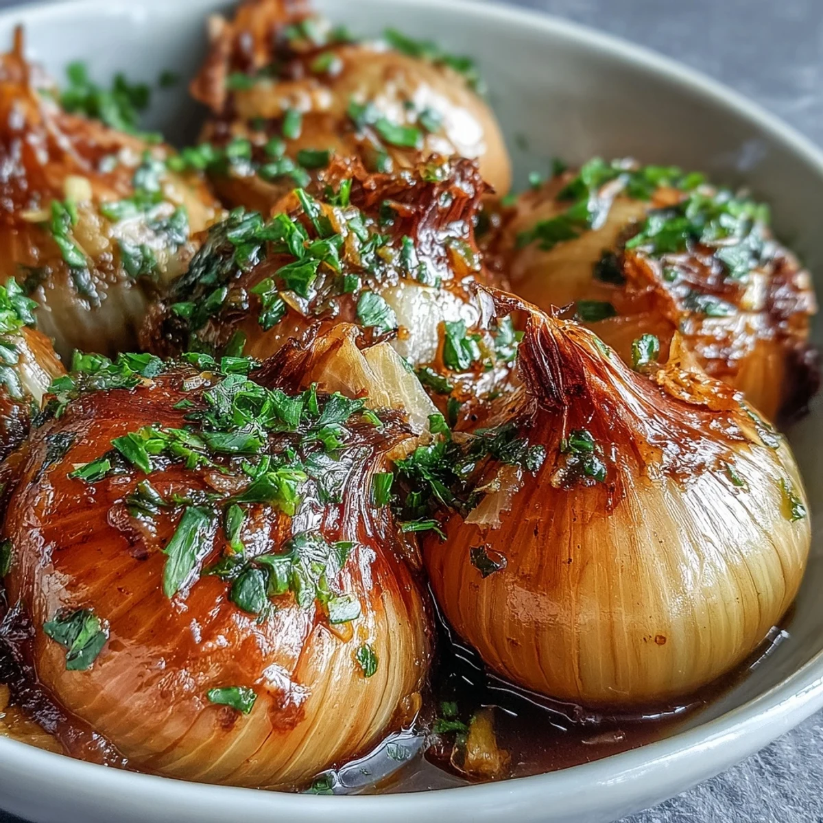 Whole peeled onions simmering in a rich, spiced buttery broth, garnished with fresh parsley for an aromatic comfort food meal.