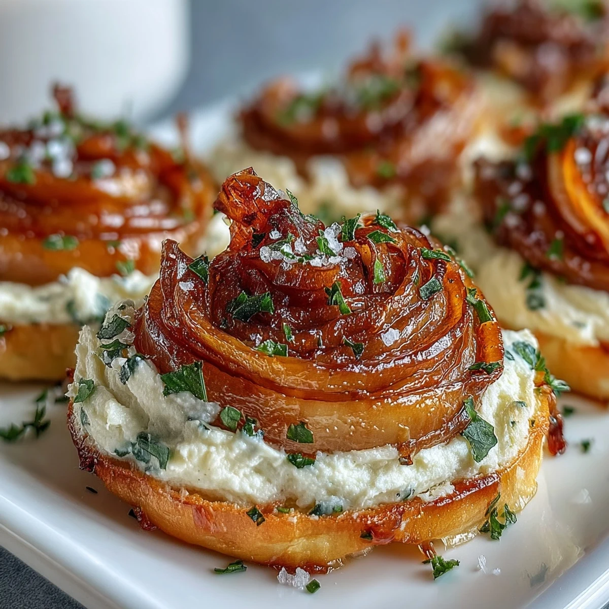 A close-up of the Caramelized Onion Butter Board, featuring golden, silky onions piled on a creamy swirl of salted butter, garnished with fresh chives and thyme.