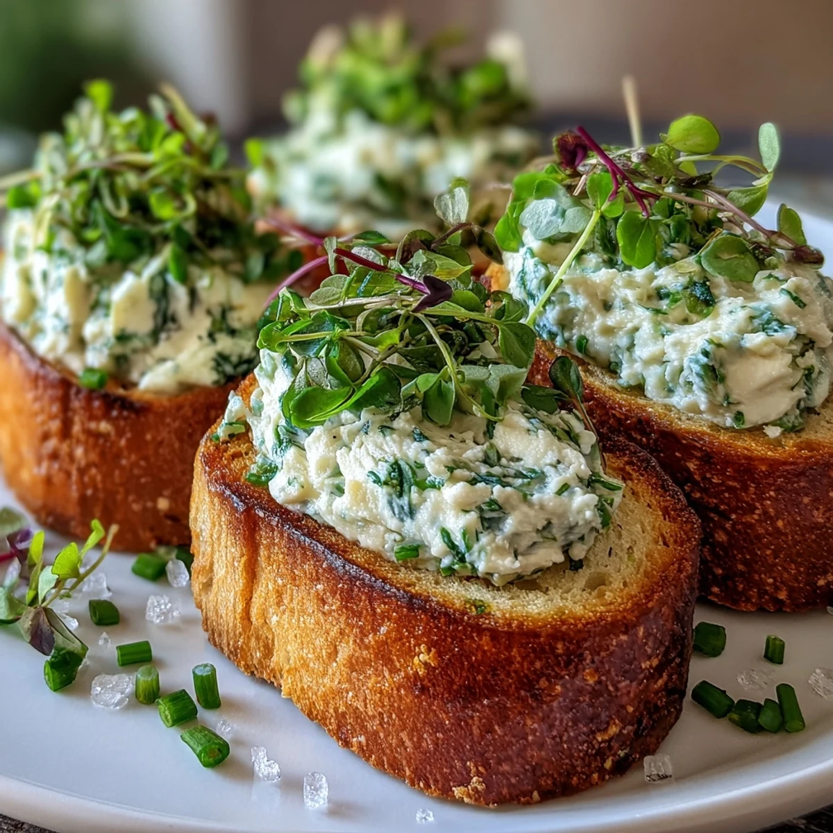 Golden, crispy crostini rounds spread with creamy herb-flecked cheese, arranged on a rustic wooden board.