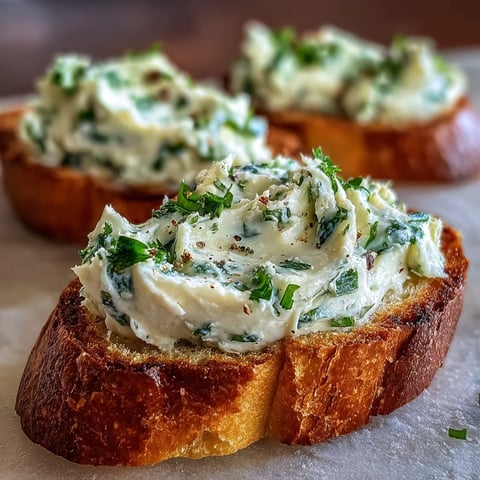Creamy Garlic & Herb Crostini Spread in a rustic bowl, garnished with chopped parsley and chives.