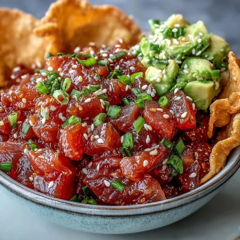 Fork-tender diced tuna tossed in a zesty sriracha-soy-lime dressing, garnished with fresh scallions and sesame seeds.