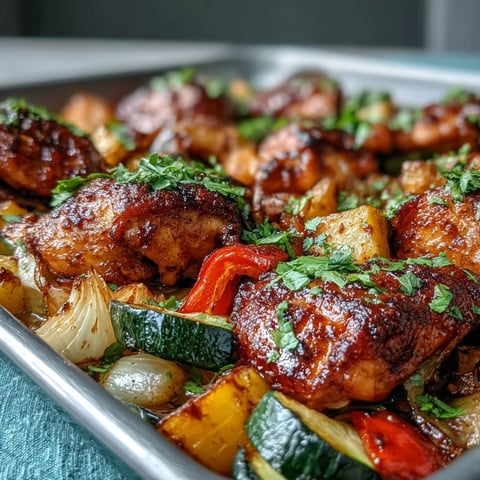 A plated serving of One-Pan Mango Chili Chicken and Veggie Bake, garnished with fresh cilantro and lime wedges.