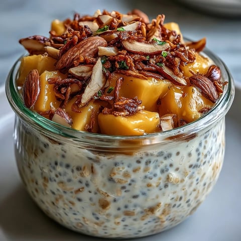 Garnished mango chia overnight oats jar topped with toasted coconut crunch and fresh diced mango.
