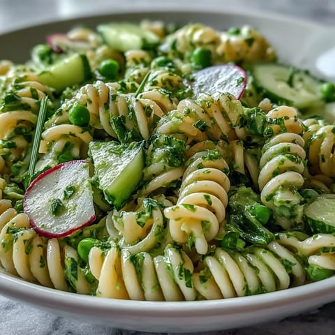 A close-up view of Vegan Creamy Green Goddess Pasta Salad, with fusilli pasta coated in bright green dressing, peas, and fresh basil garnish.