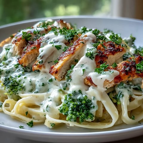Creamy Keto Chicken Alfredo over steamed broccoli florets is garnished with fresh parsley and ready to serve on a white plate.