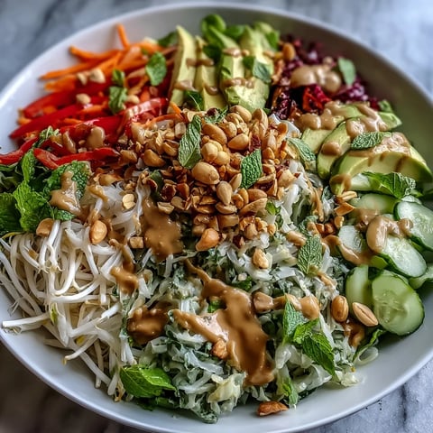 Freshly chopped Vegan Spring Roll Salad with Peanut Dressing is tossed with crisp veggies and herbs, ready to serve in a white bowl.
