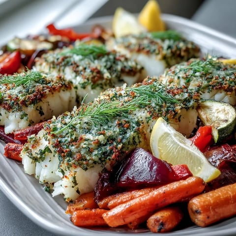 Golden Herb-Crusted Baked Cod with Roasted Vegetables flaking beautifully on a sheet pan with colorful carrots and peppers.