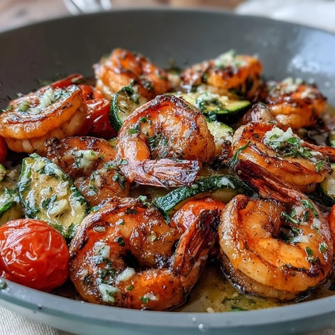 Succulent shrimp with zucchini and tomatoes roasted in a lemon butter sauce, served in a skillet.