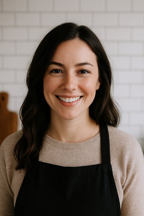 A woman wearing an apron and smiling.