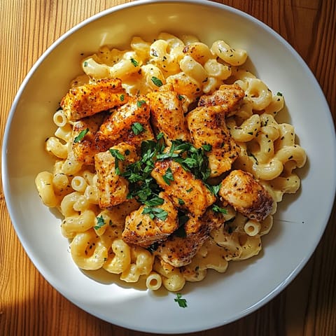 A bowl of macaroni and chicken.