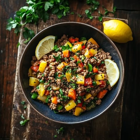 A bowl of food with a lemon on top.