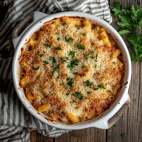 A bowl of macaroni and cheese with a green herb on top.