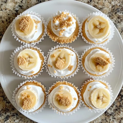 A plate of cupcakes with bananas on top.