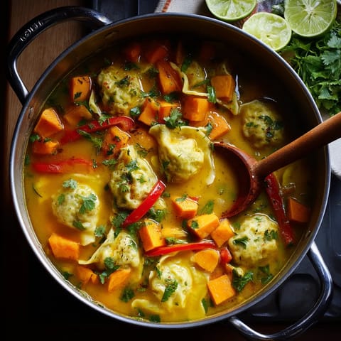 A pot of soup with a wooden spoon in it.