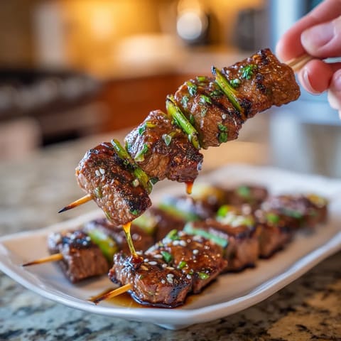 A plate of meat skewers with a stick.
