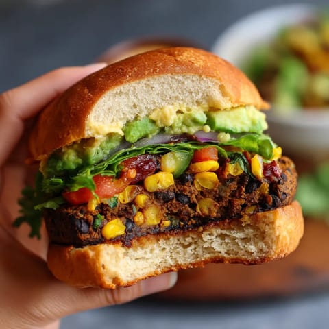 A person holding a sandwich with lettuce, tomato, avocado, and black beans.