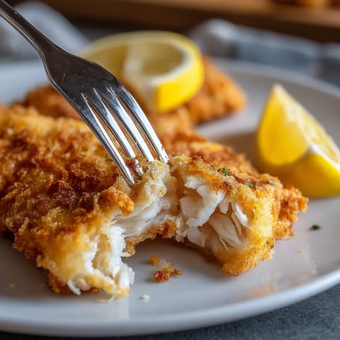 A fork is being used to eat a piece of fish.
