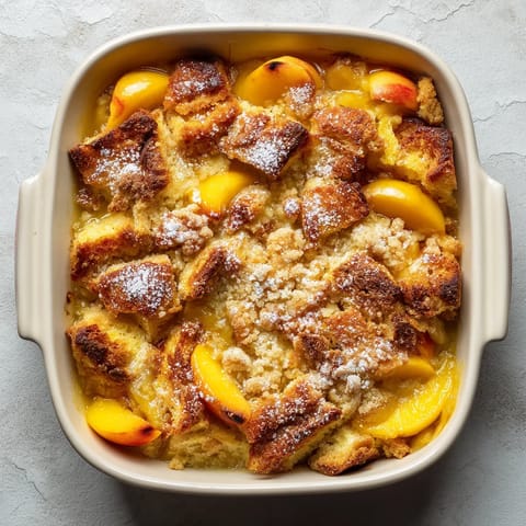 A bowl of food with peaches and bread.