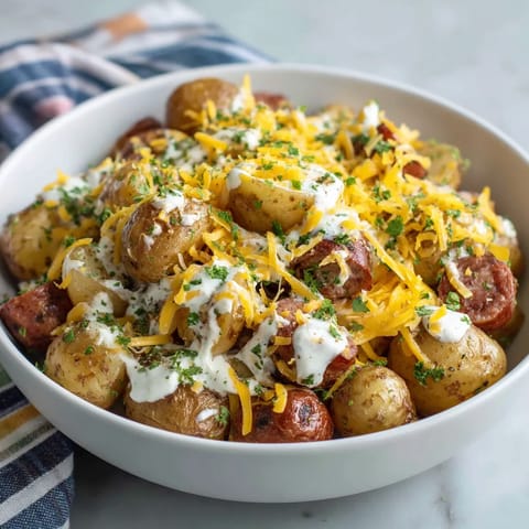 A bowl of food with cheese and potatoes.