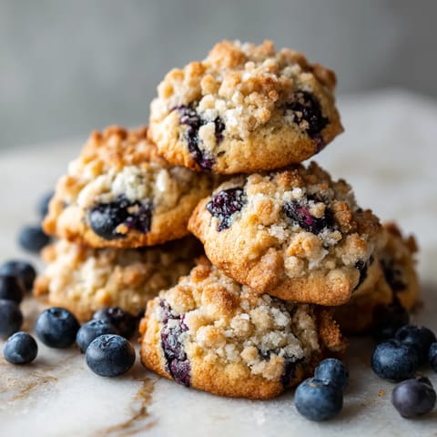 A stack of blueberry muffins with blueberries on top.