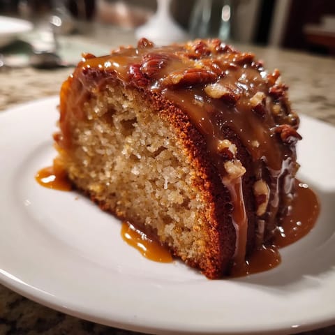 A slice of cake with caramel drizzled on top.