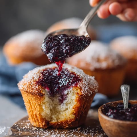 A spoon is being used to scoop jam from a cupcake.