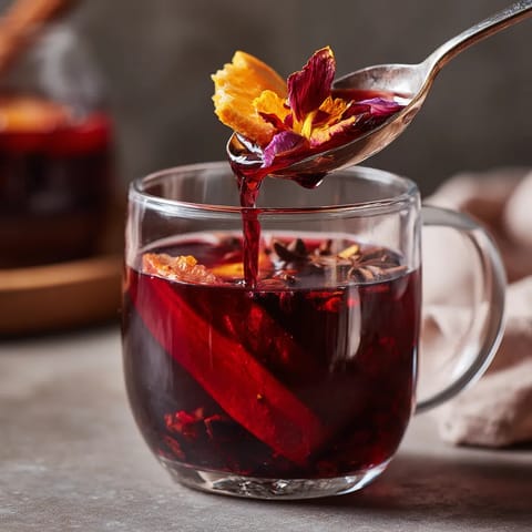 A spoon is in a glass of red liquid.