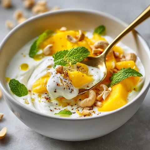 A bowl of yogurt with nuts and mint.
